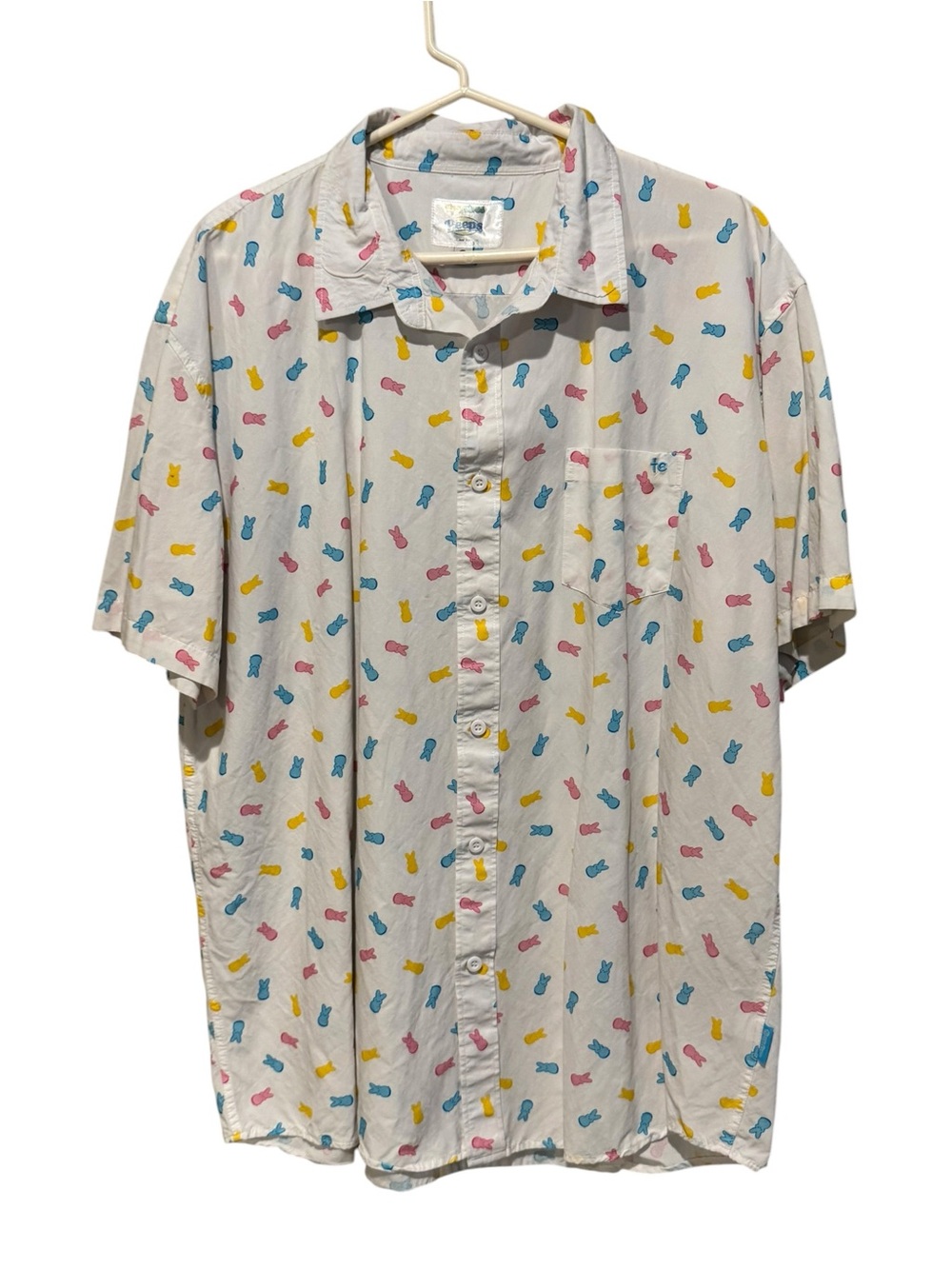 Tipsy Elves White Short-Sleeve Button-Down Shirt with Pink, Blue & Yellow Print